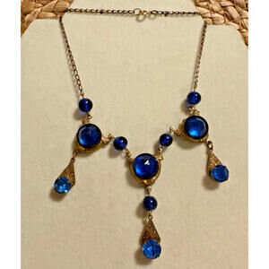 Vintage Art Nouveau? Cobalt Blue High Dome Brass Pendant Necklace Stamped Back